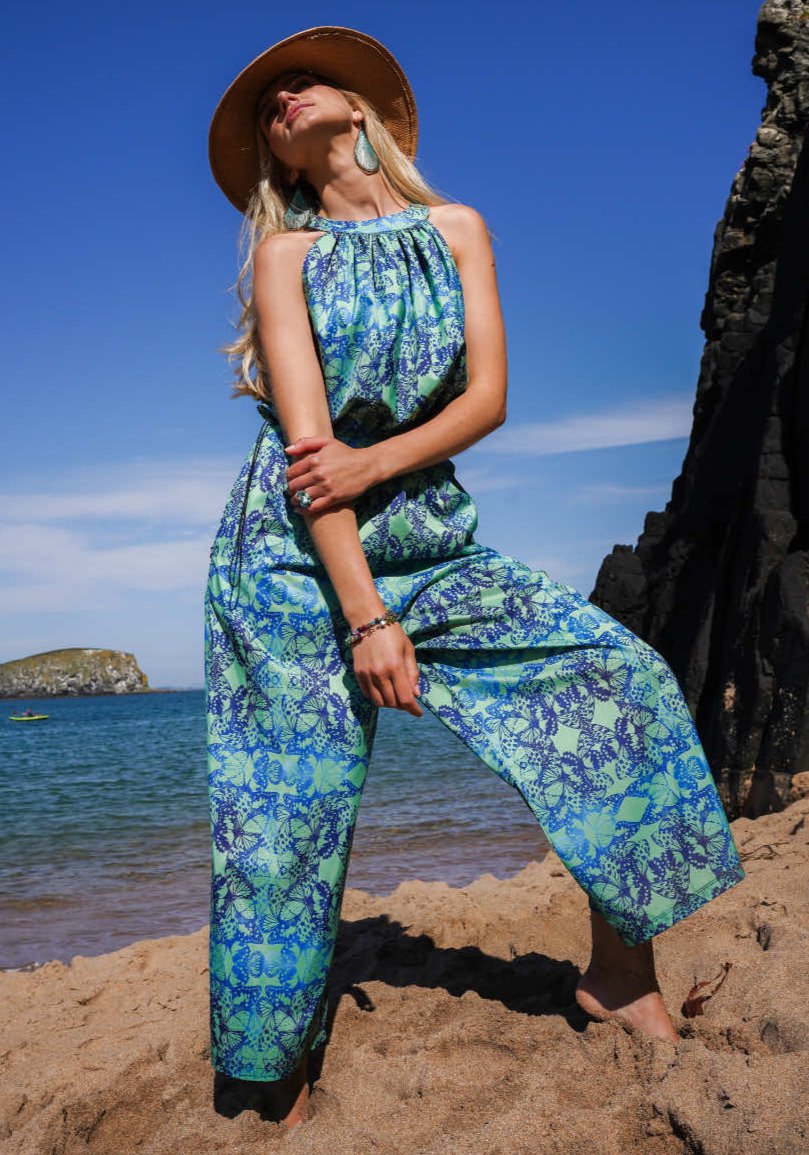 House of Hofu Choucho blue printed beachwear jumpsuit