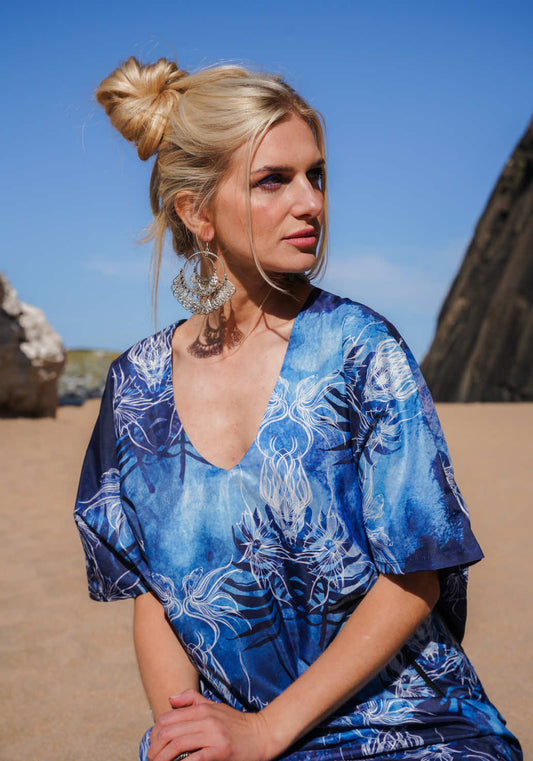 House of Hofu blue printed beachwear Sakana Kafran