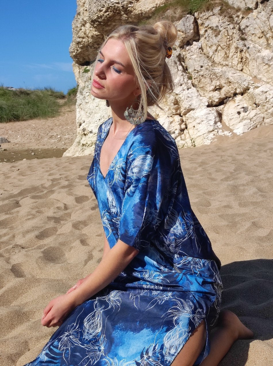 House of Hofu blue printed beachwear Sakana Kaftan